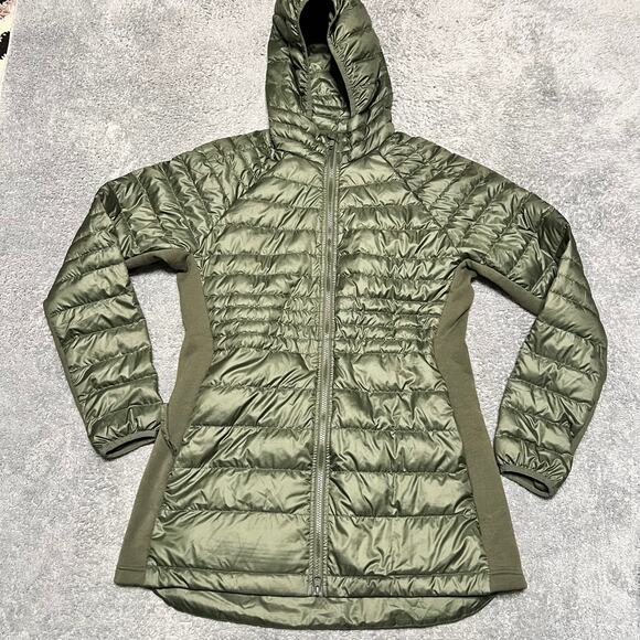 Quince Lightweight Down Puffer Jacket Womens Large Filled Green Long Hooded - Picture 1 of 9